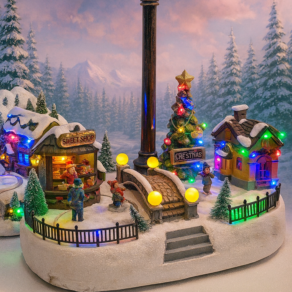 Decoratiune Muzicala de Craciun cu Luminare LED –Model Sat de Iarna cu Pod, Casute si Stand Mos Craciun