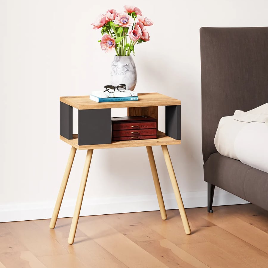 Noptiera cu picioare din lemn si raft deschis, 44 x 29 x 18 cm, stil scandinav modern