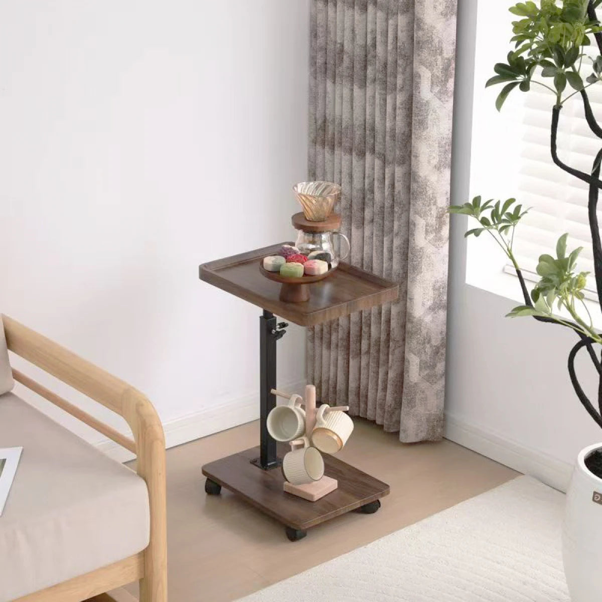 Masuta portabila pentru cafea, 2 blaturi MDF, inaltime ajustabila 45-80 cm, blat superior 40 x 30 cm, maro