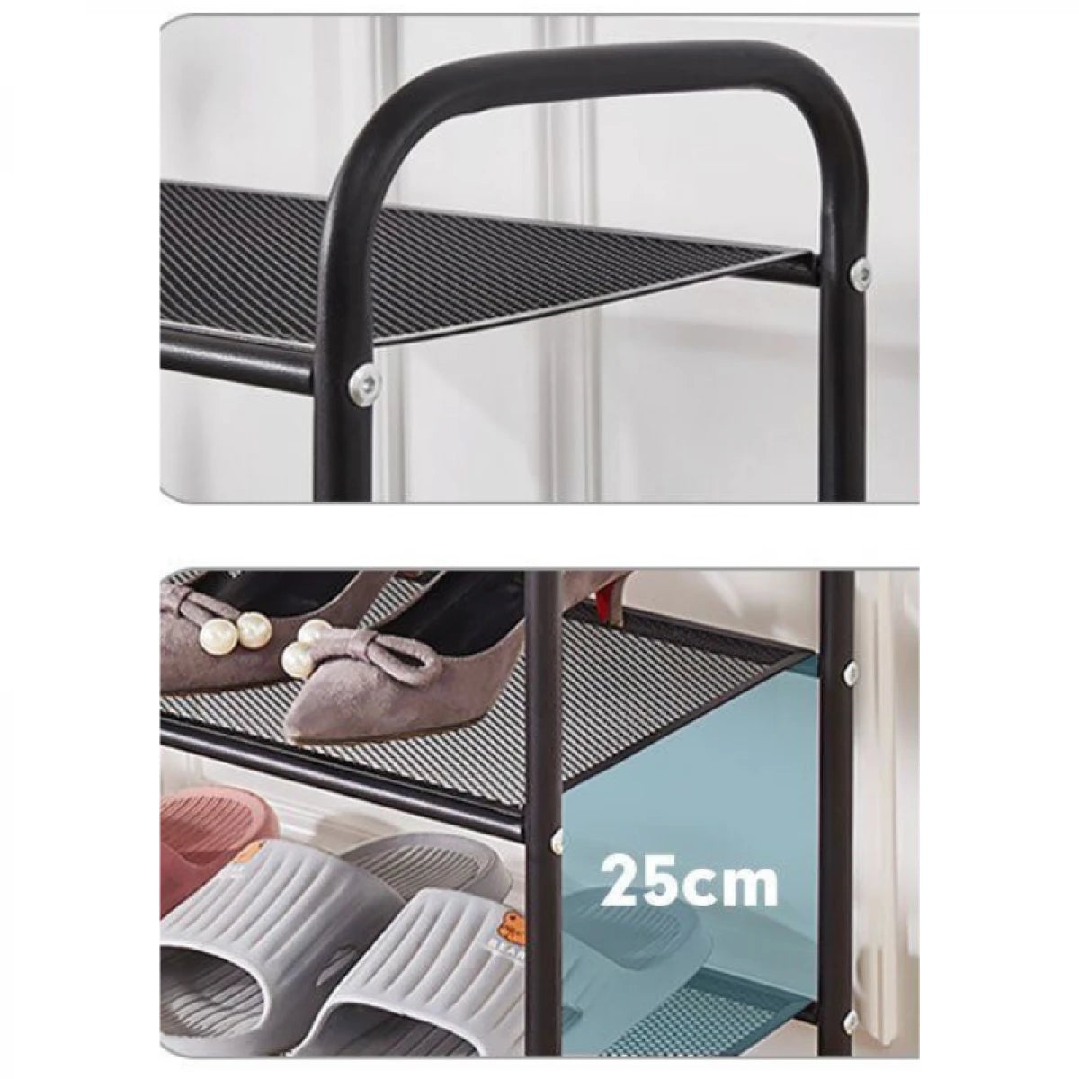 Suport metalic pentru incaltaminte, 4 polite, 60 x 28 x 75 cm, negru