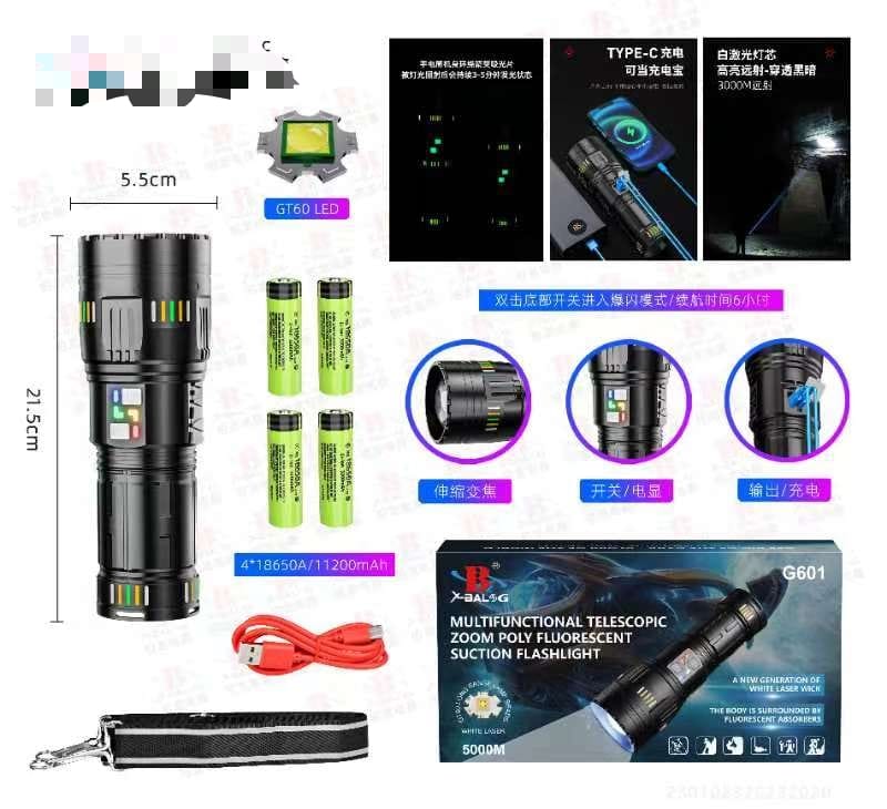 Lanterna profesionala cu led laser, 5km raza actiune, 30000 lumeni, 6 moduri luminare, 90W, incarcare USB-C, baterii incluse