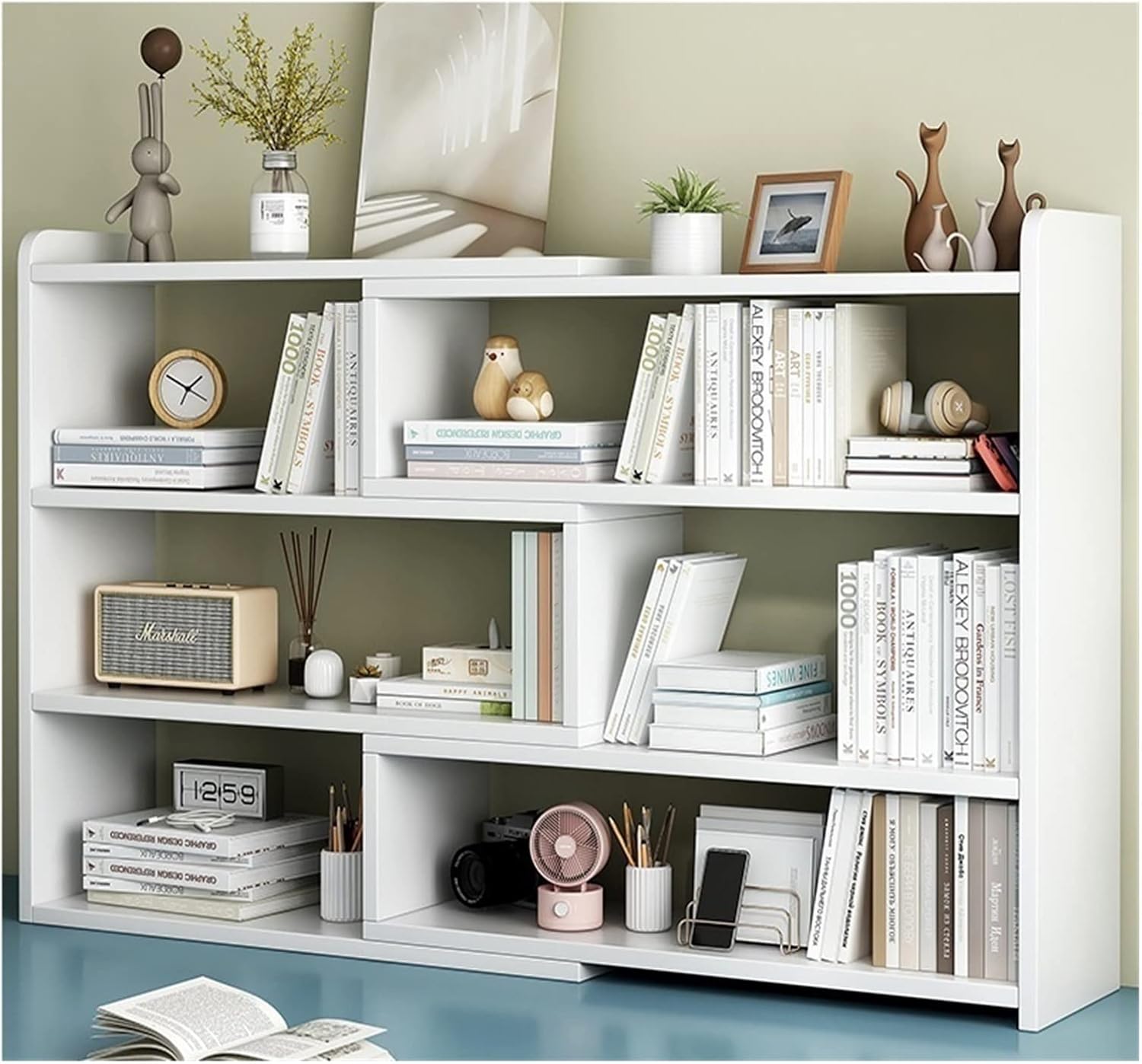 Biblioteca cu 6 compartimente, rotativa, cu lungime reglabila si extensibila, (60-120)×17×80cm, alb