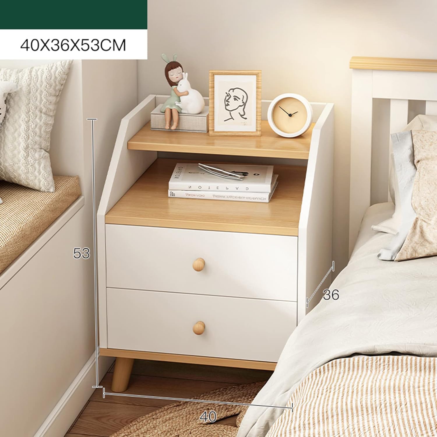 Noptiera moderna cu 2 sertare, raft si picioare, 40x30x53cm