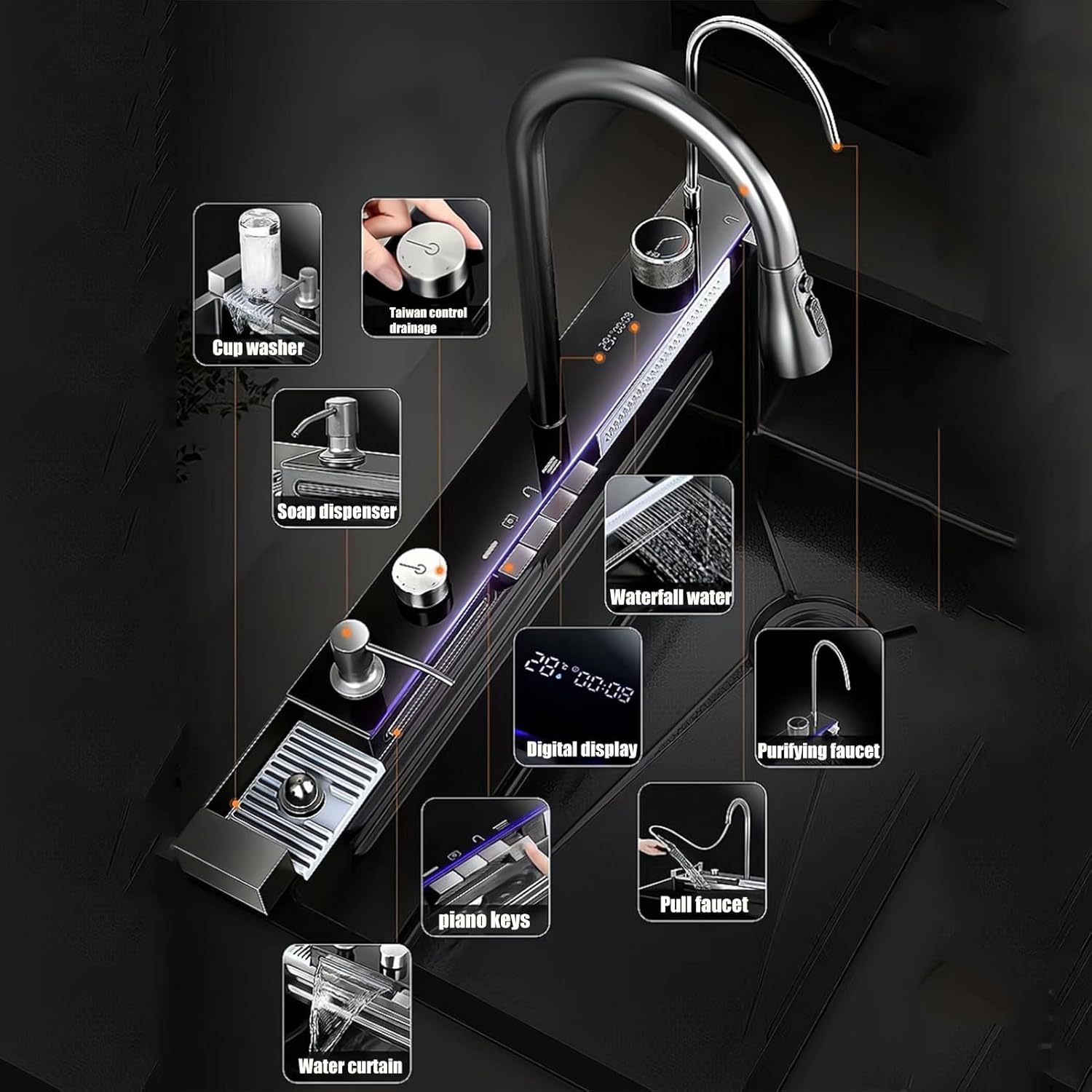 Chiuveta Bucatarie Multifunctionala Negru Grafit cu 2 Cascade, Robinet Cascada, Afisaj Digital Temperatura, Accesorii Incluse