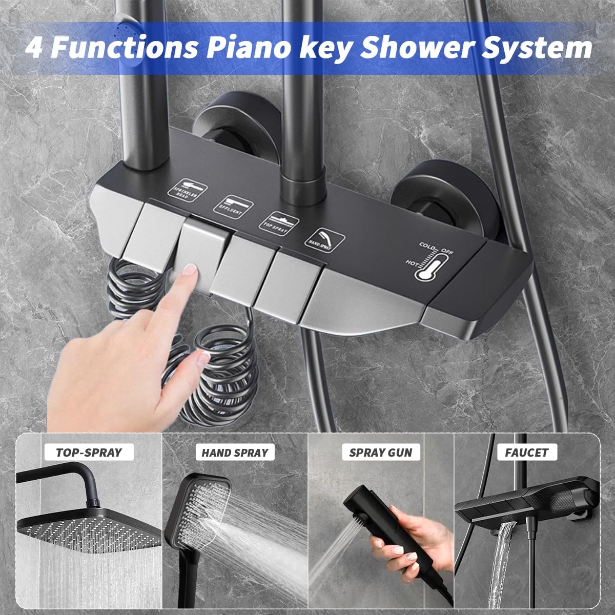 Set Coloana Dus Premium, Alama Cupru, 4 Functii, Butoane Piano, Gri Grafit, Tip Ploaie