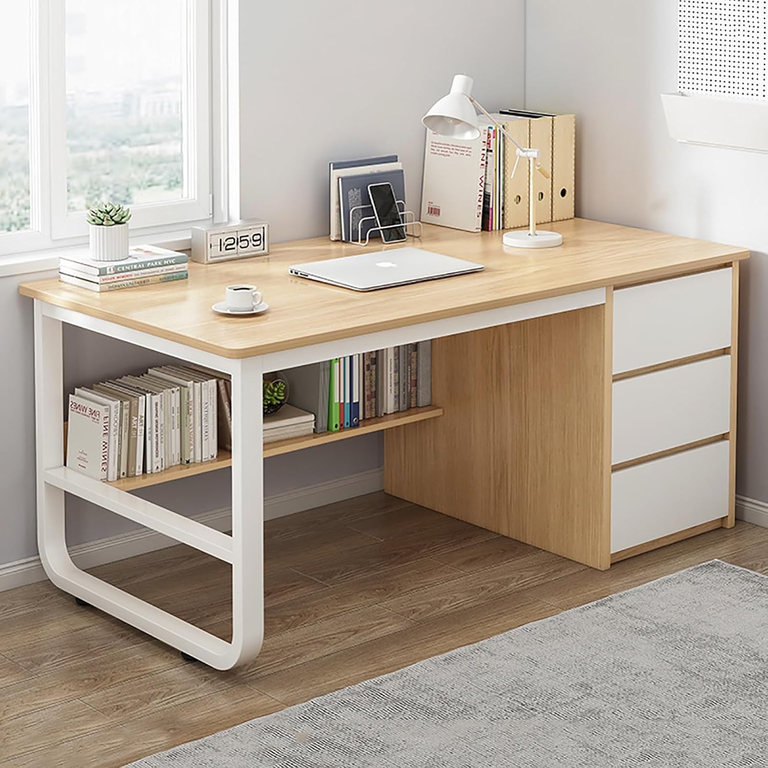 Birou minimalist alb cu rafturi - 160x60x73 cm, ideal pentru spații mici, lucru și studiu