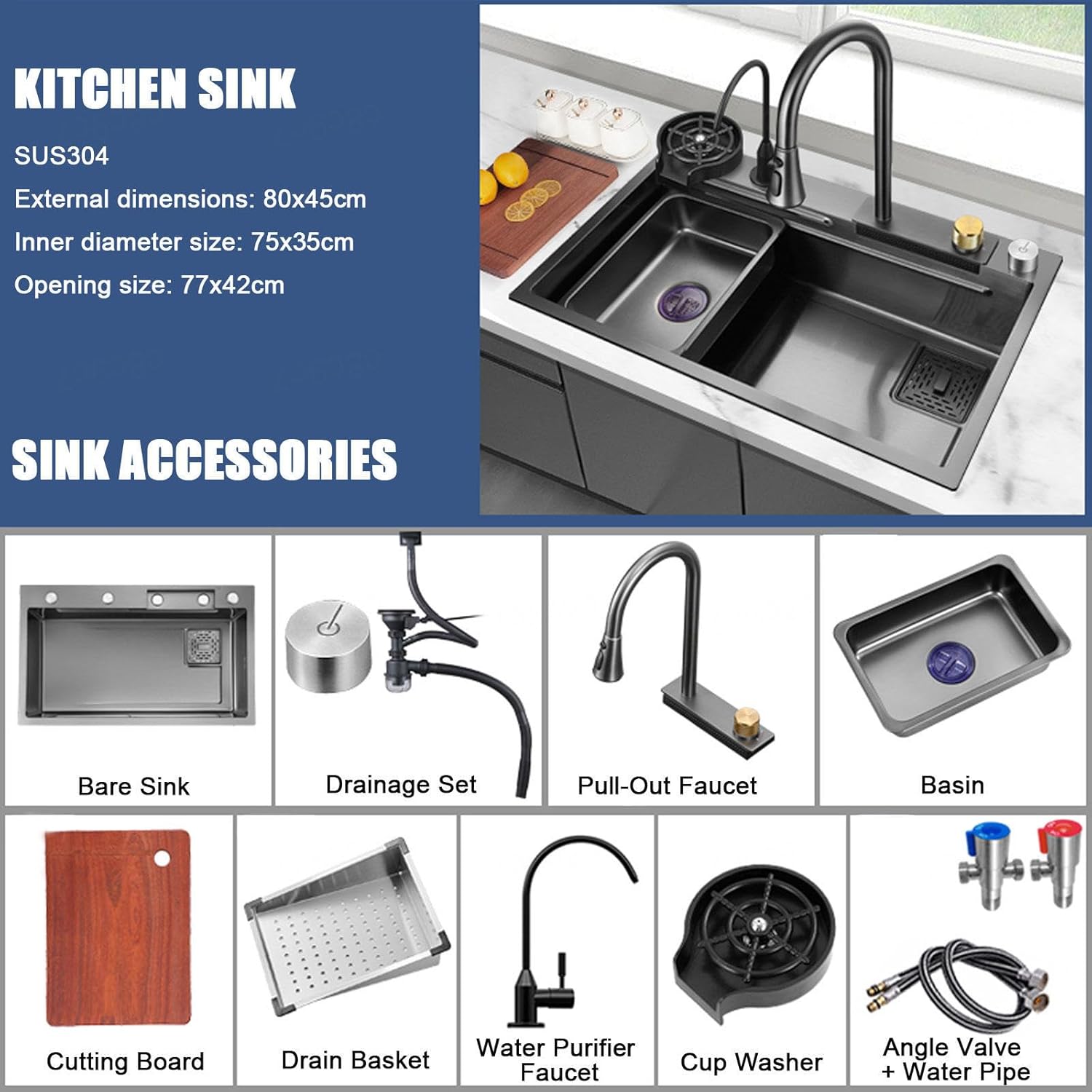 Set chiuveta bucatarie cu baterie cu dus extractibil și accesorii, culoare gri antracit