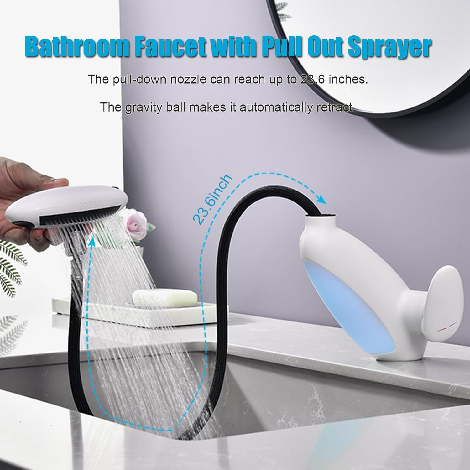 Baterie Chiuveta Baie Premium, 4 Tipuri de Jet, Cap Retractabil, Iluminare LED, Control Inteligent al Apei, Cartus Ceramic