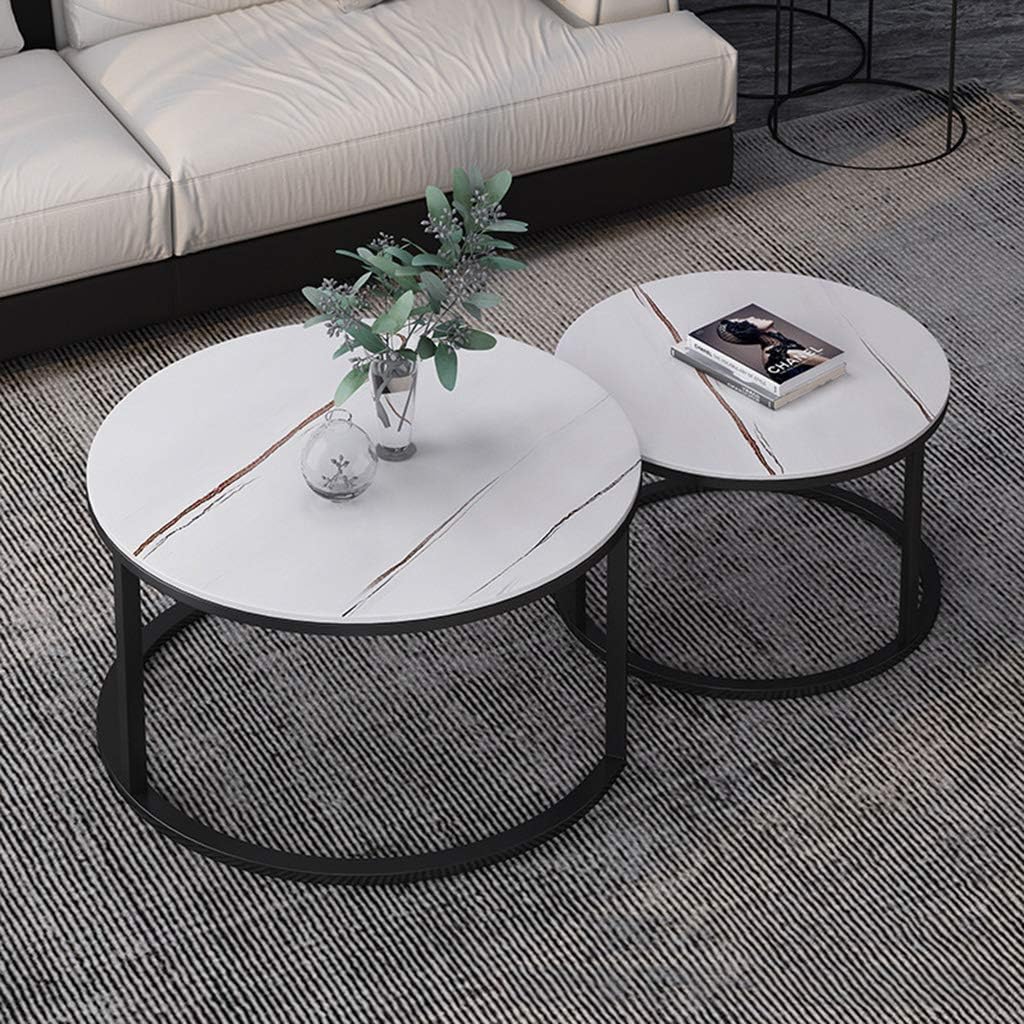 RESIGILAT - Set 2 masute rotunde de cafea cu efect de marmura, diametru 80/60 cm, blat MDF, cadru metalic