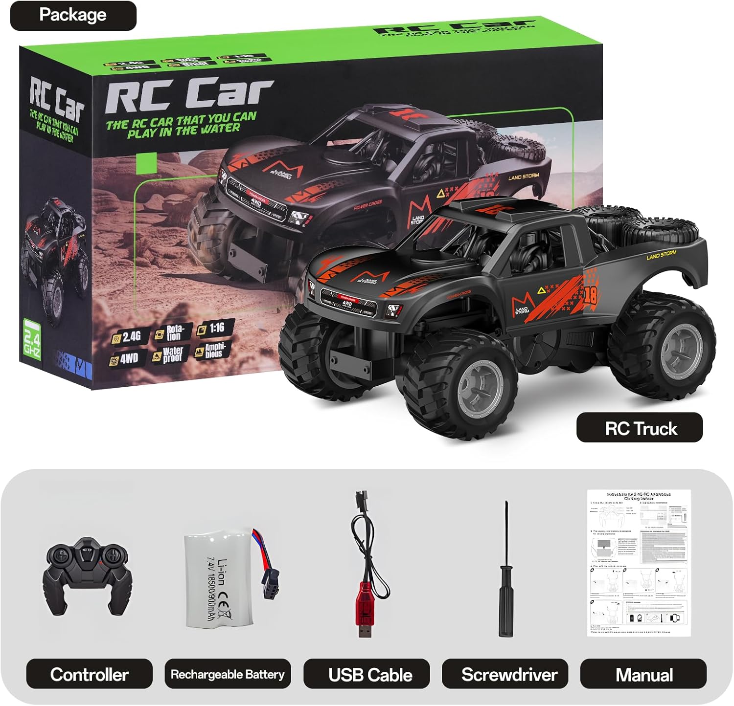 Masina cu telecomanda 2.4Ghz, 4WD, pentru uscat, apa si zapada, scara 1:16, tractiune 4x4