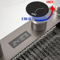 Chiuveta Bucatarie Multifunctionala Negru Grafit cu 2 Cascade, Robinet Cascada, Afisaj Digital Temperatura, Accesorii Incluse
