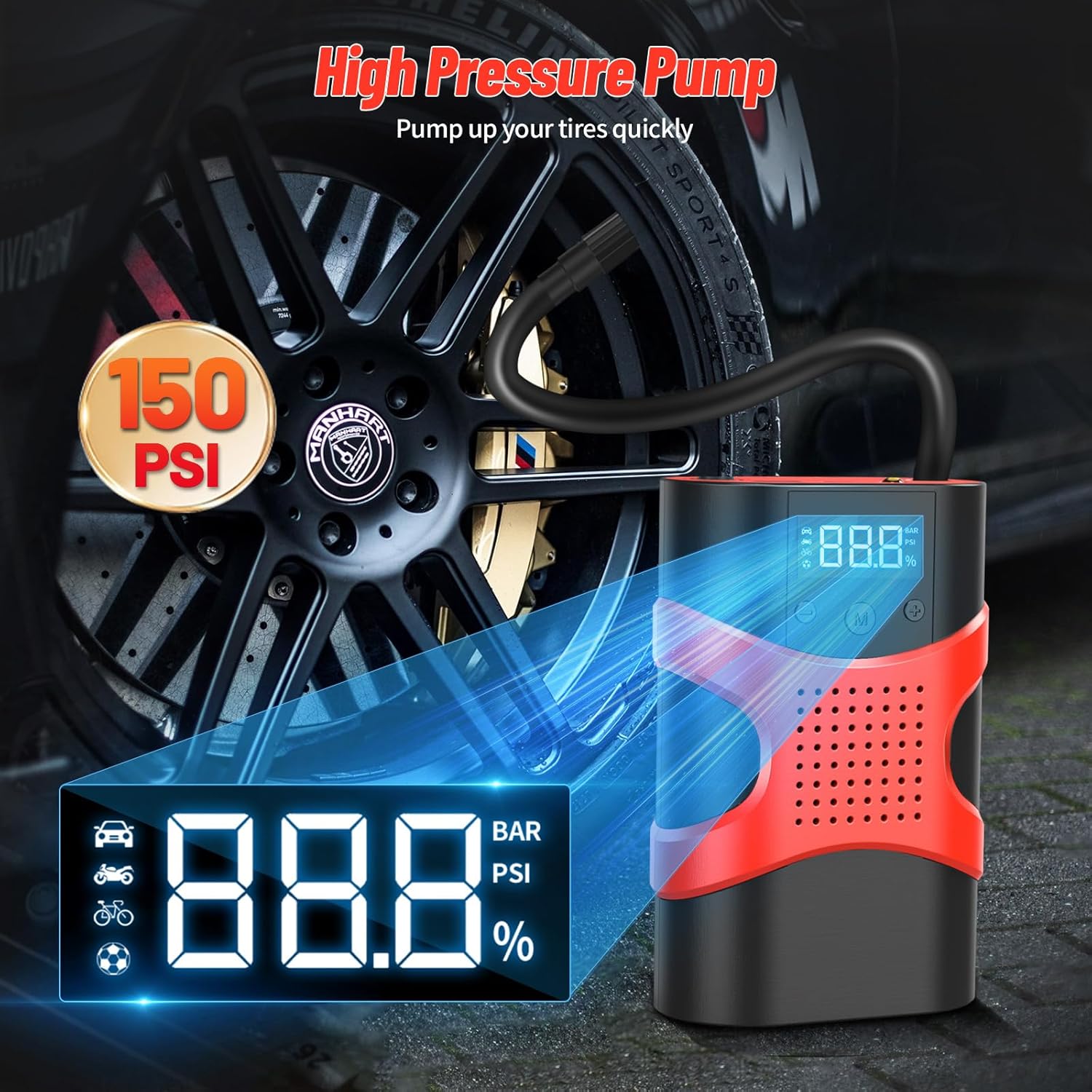 Starter auto multifunctional, portabil, 12000mAh powerbank, cu compresor, USB, afisaj LCD, lanterna, pornire auto