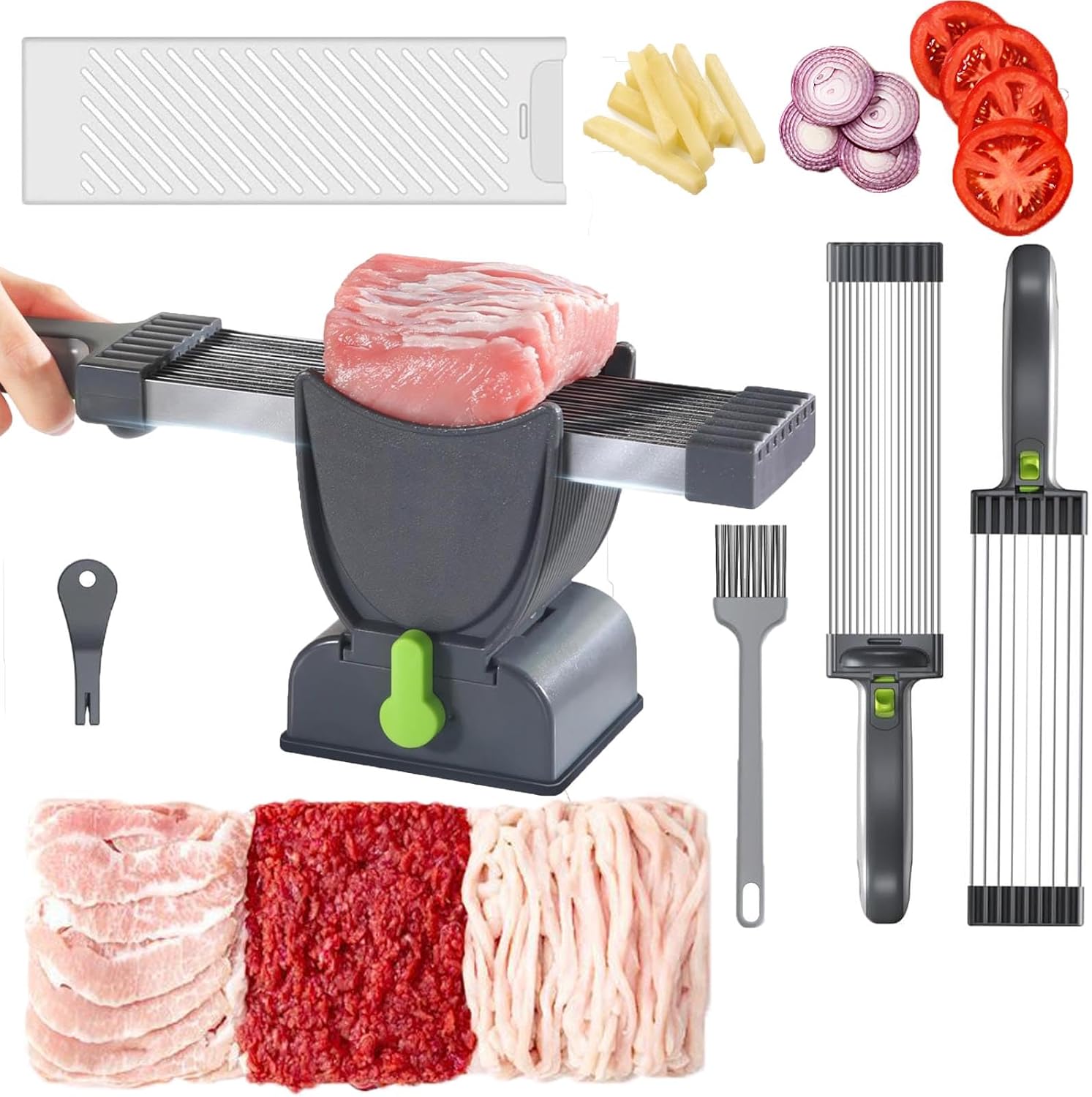 Feliator Profesional pentru Carne cu Lame Multiple din Inox Alimentar si Grosime Ajustabila (2-4mm) – Ideal pentru Tartar, Fasii, Felii si Cuburi de Carne