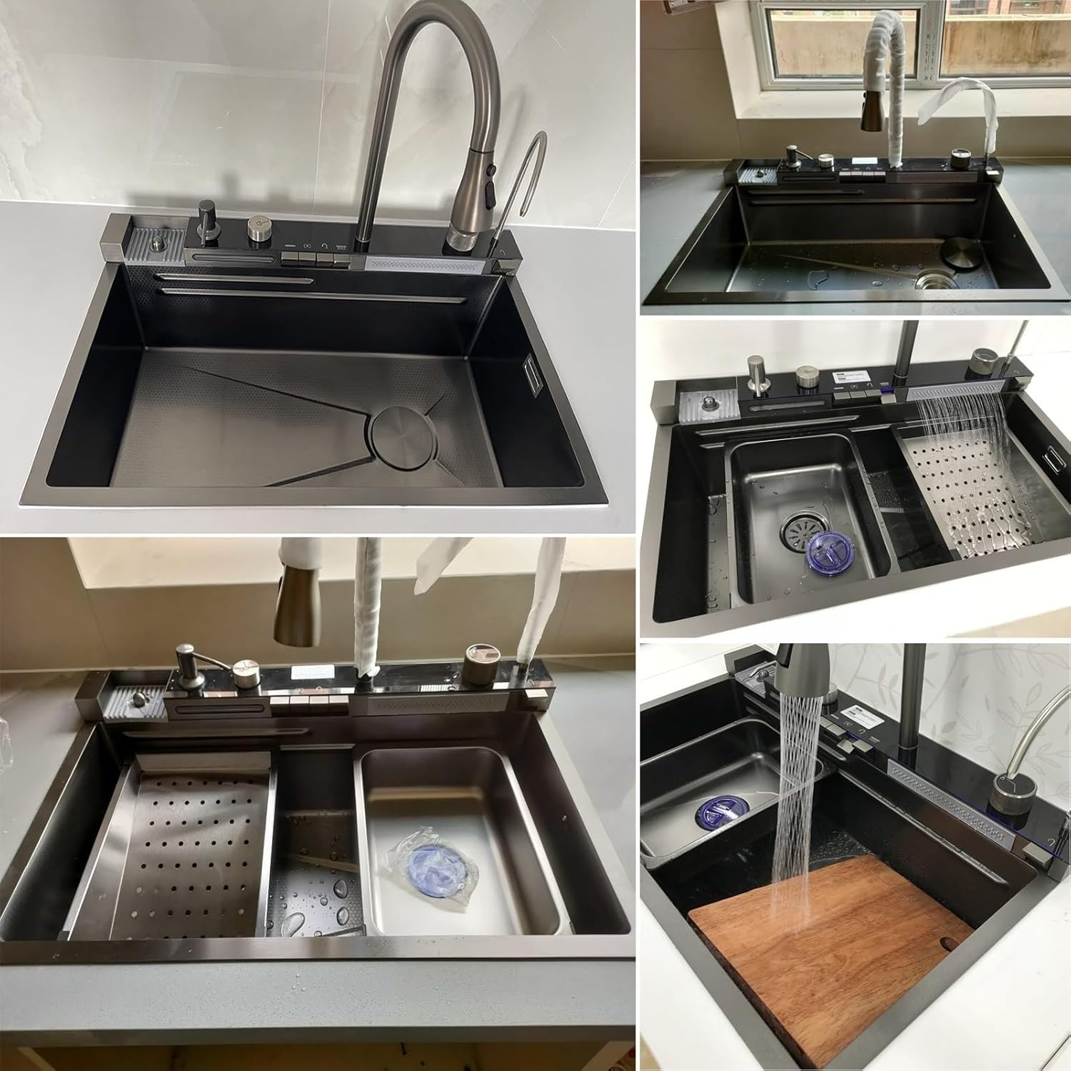 Chiuveta Bucatarie Multifunctionala Negru Grafit cu 2 Cascade, Robinet Cascada, Afisaj Digital Temperatura, Accesorii Incluse