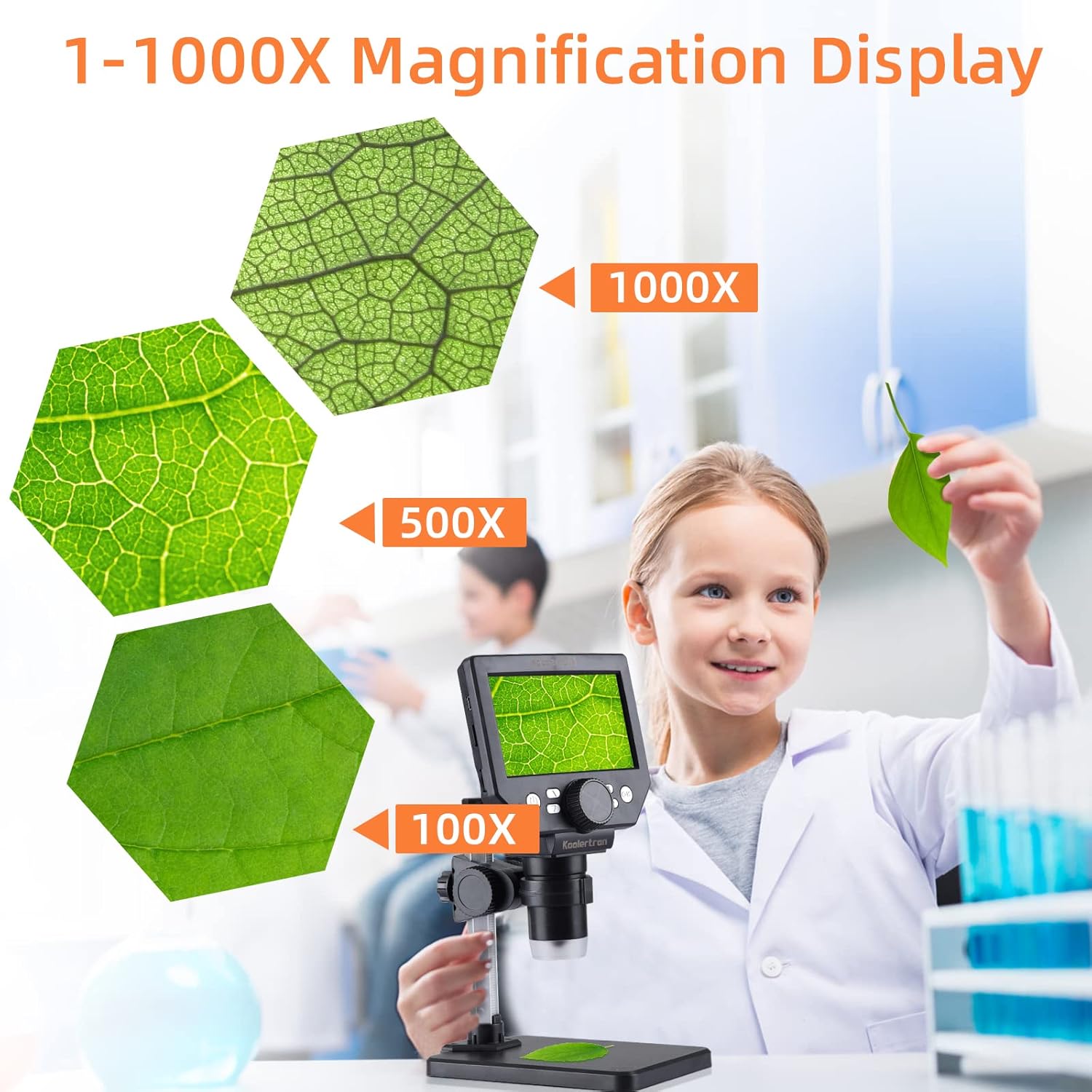 Microscop digital LCD 4.3” HD, 8MP, zoom 1-1000X, 8 LED-uri, baterie reincarcabila si suport PC