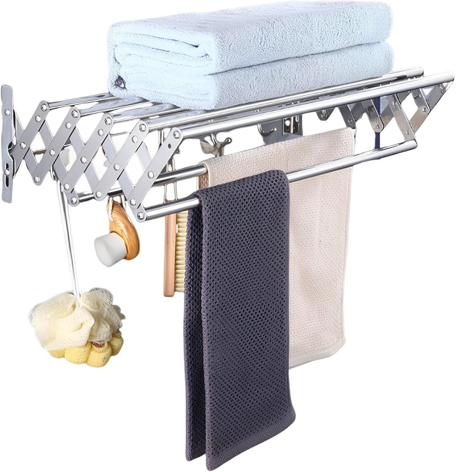 Suport pliabil pentru prosoape, inox, 7 bare, 5 carlige, 12-35.5 cm x 58 cm x 14.5 cm, argintiu