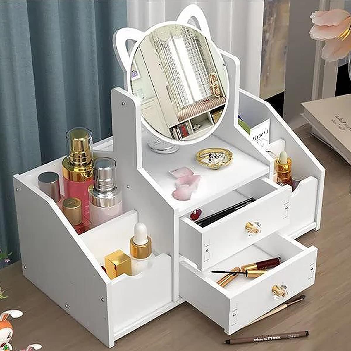 Organizator alb pentru cosmetice și bijuterii, cu sertare si oglinda, PVC 40 x 20 x 14 cm