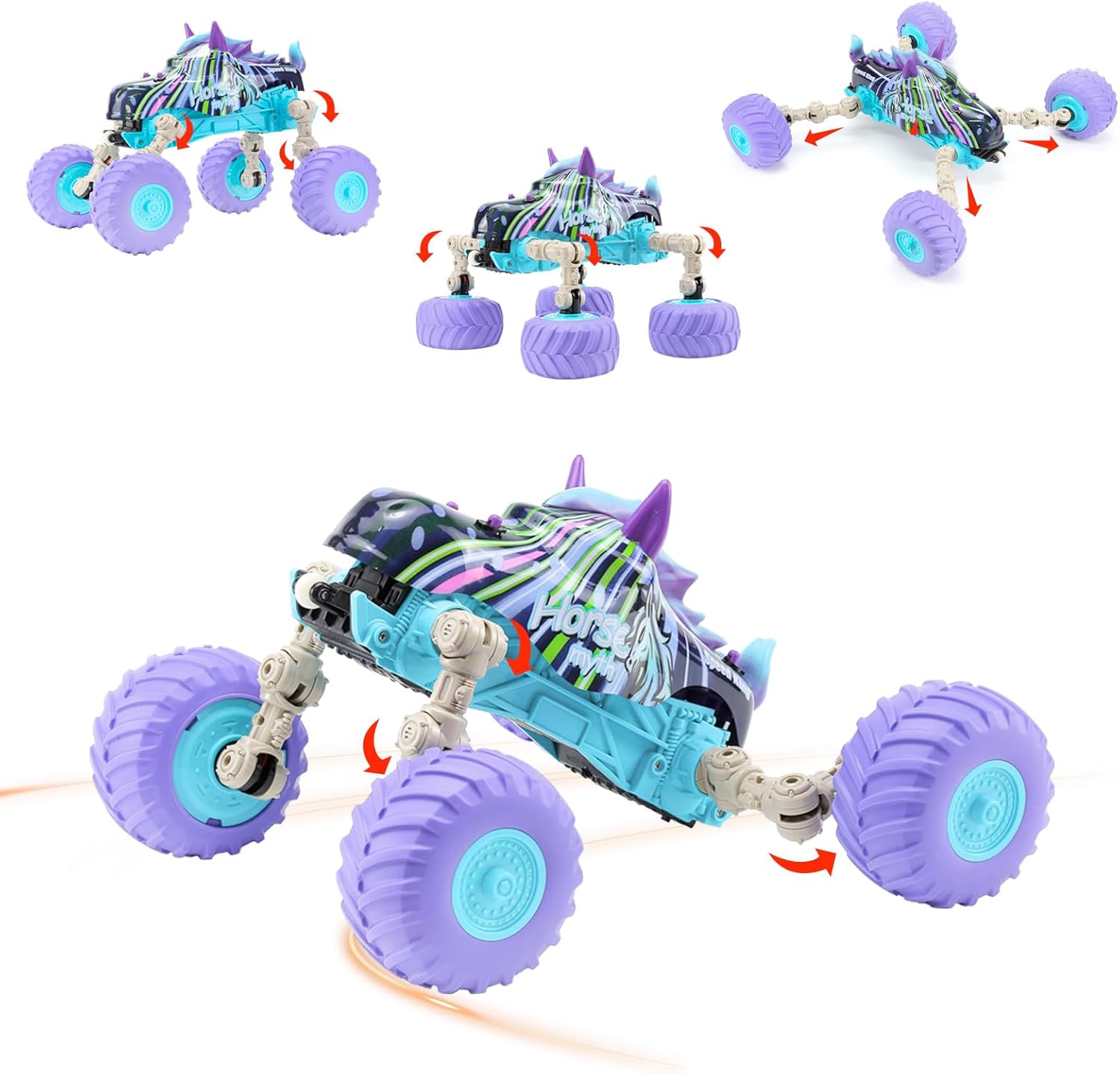 Masinuta pentru copii cu telecomanda, model Unicorn, transformabil, cu lumini LED