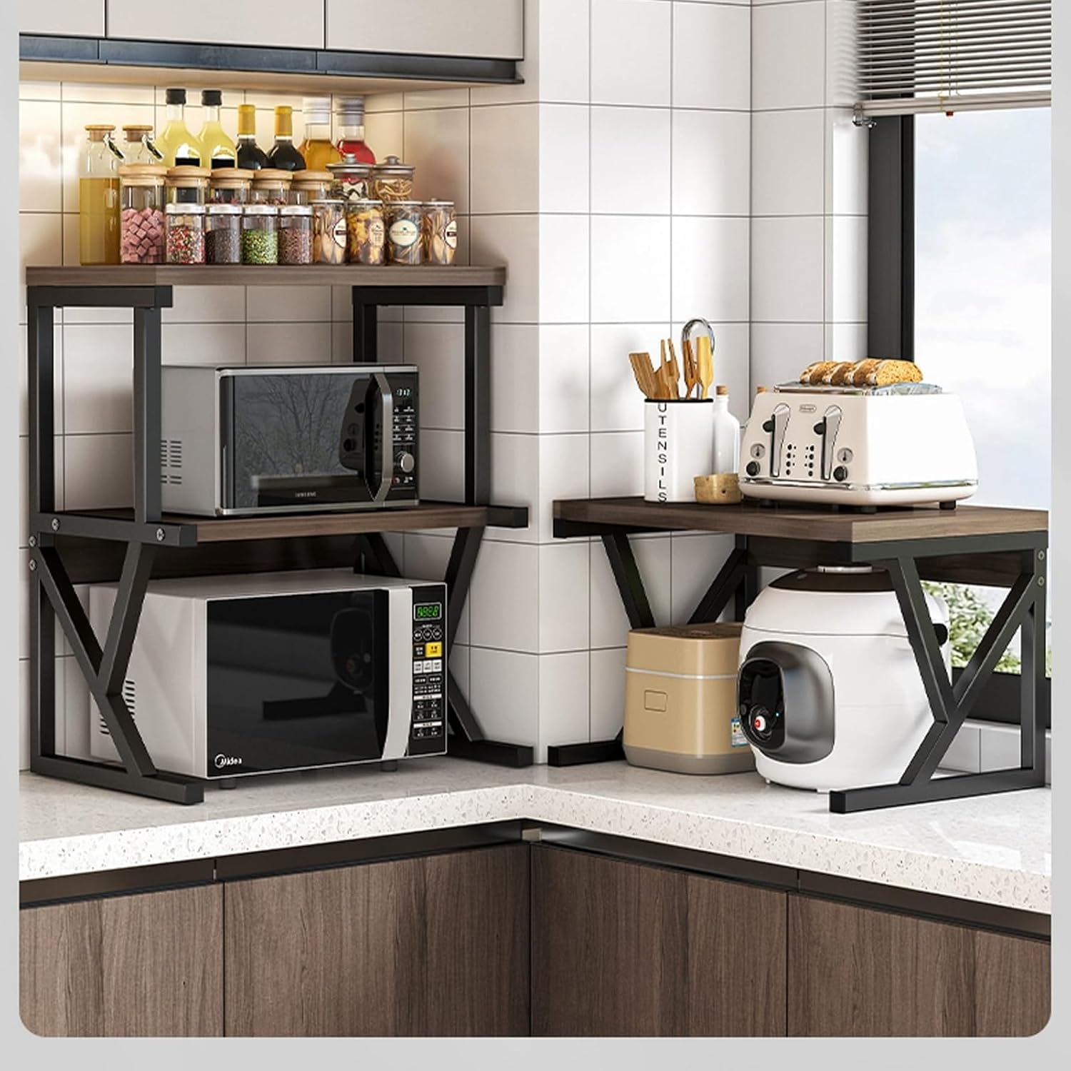 Raft Universal Bucatarie 2 Nivele Lemn si Metal – Suport pentru Cuptorul cu Microunde 68.5x54x37cm