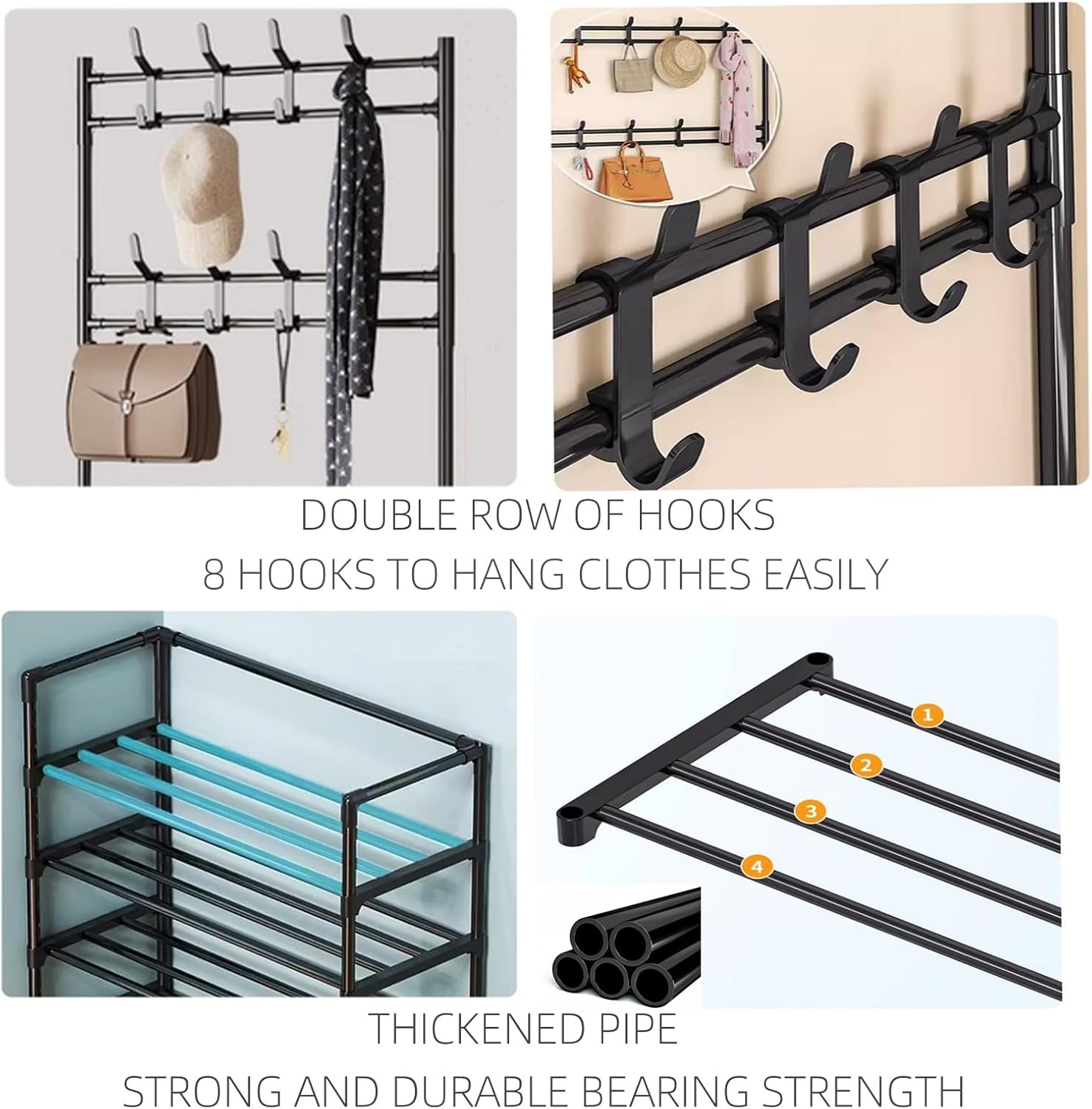 Cuier cu raft pantofi pe 4 niveluri si 8 carlige duble, suport haine si incaltaminte pentru hol