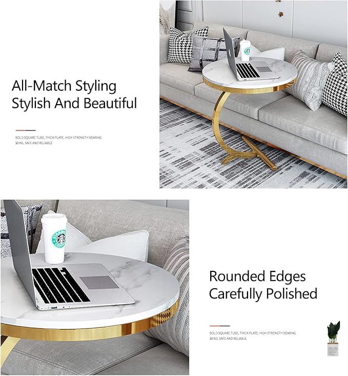 Masa laterala rotunda din otel inoxidabil auriu – stil nordic, model marmura alba 50 x60 cm