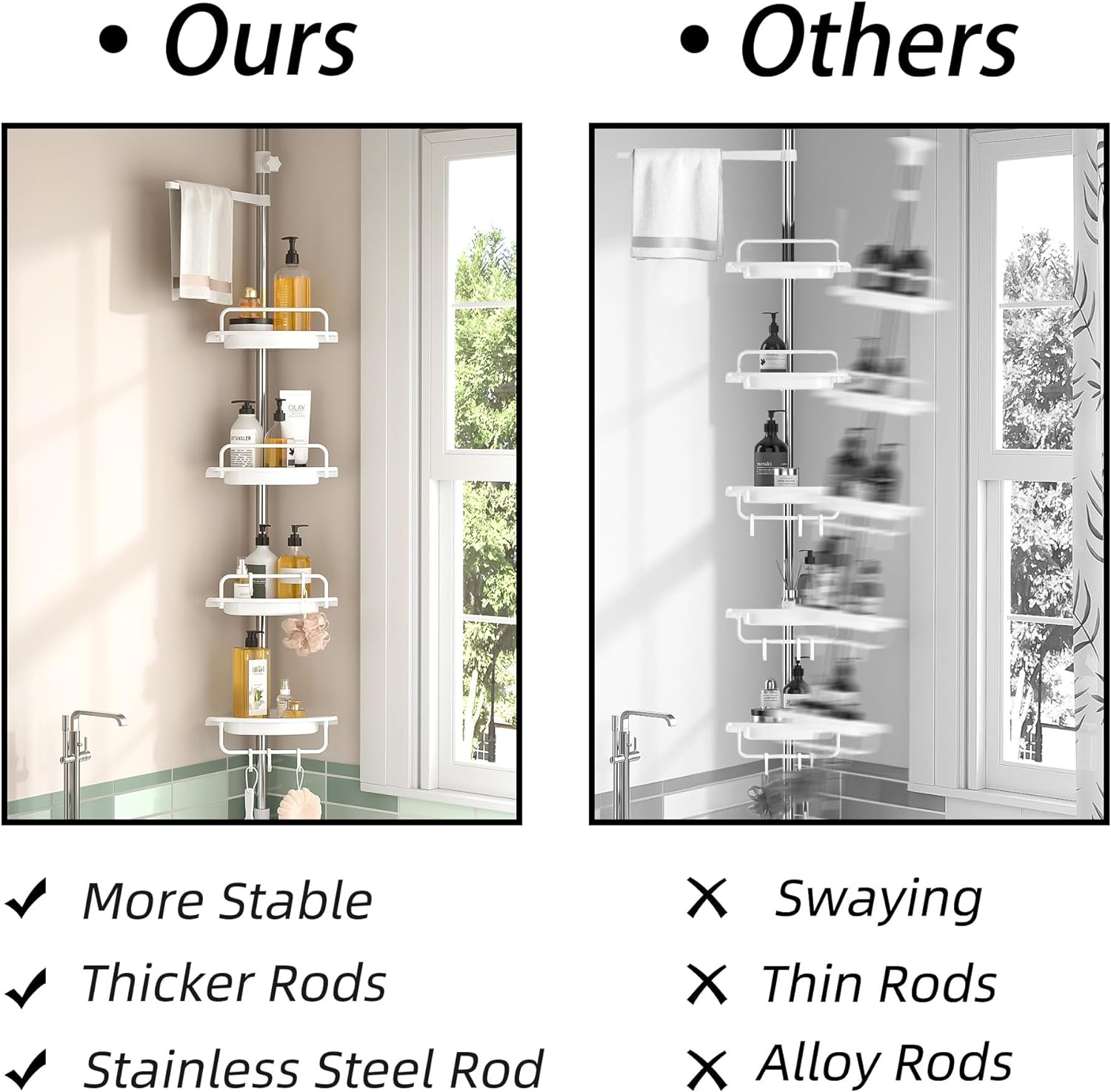Etajera colt pentru baie si dus, 4 sau 5 rafturi, inaltime reglabila 320 cm, montare pe colt