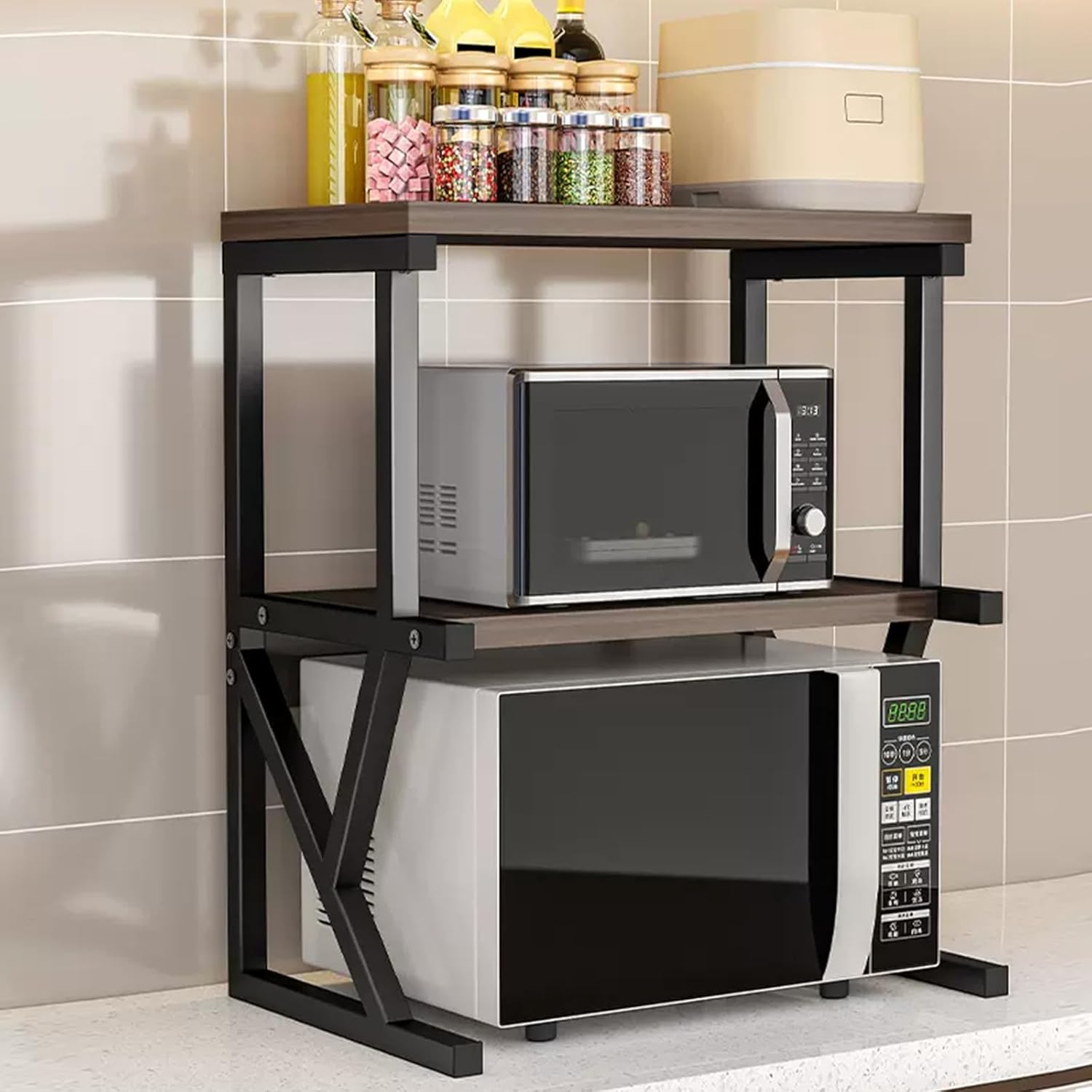 Raft Universal Bucatarie 2 Nivele Lemn si Metal – Suport pentru Cuptorul cu Microunde 68.5x54x37cm