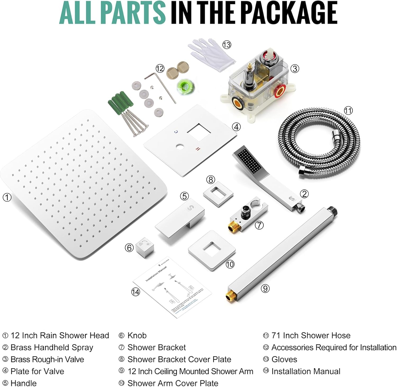 Set de dus incastrat cu para patrata de 25 cm, negru mat sau gri, cu 2 functii de curgere a apei