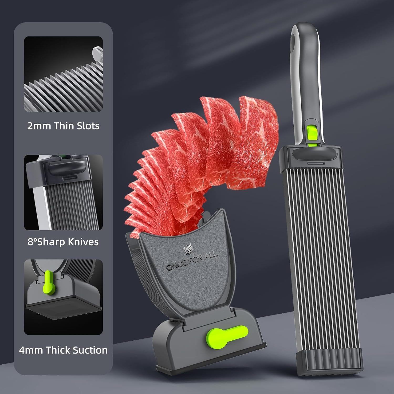 Feliator Profesional pentru Carne cu Lame Multiple din Inox Alimentar si Grosime Ajustabila (2-4mm) – Ideal pentru Tartar, Fasii, Felii si Cuburi de Carne