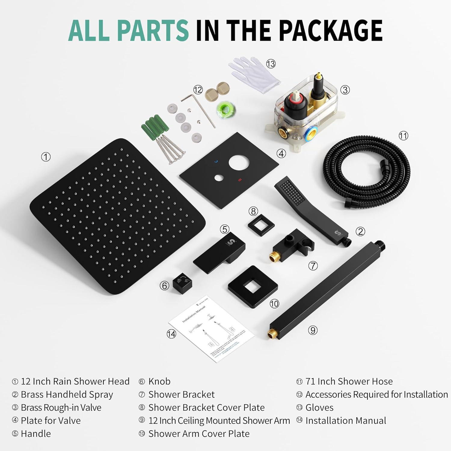 Set de dus incastrat cu para patrata de 25 cm, negru mat sau gri, cu 2 functii de curgere a apei