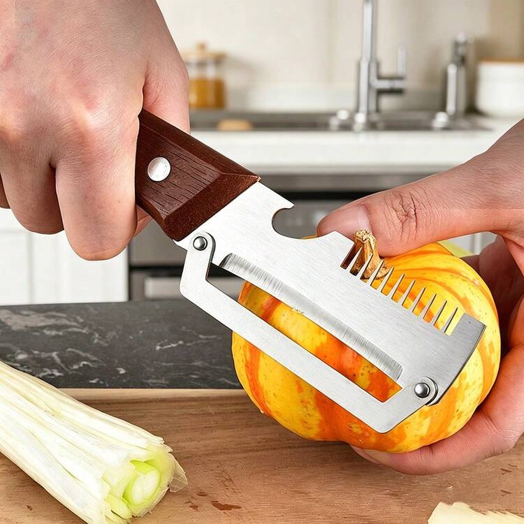 Set 2 curatatoare multifunctionale 2 in 1 pentru fructe si legume, cu deschizator de sticle integrat, lame din otel inoxidabil si maner din lemn - detaliu produs