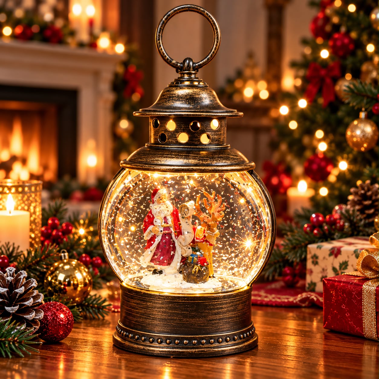 Felinar Decorativ Premium de Crăciun cu Moș Crăciun, Muzică, Lumină Caldă LED și Efect de Ninsoare – 20 × 11 cm - detaliu produs