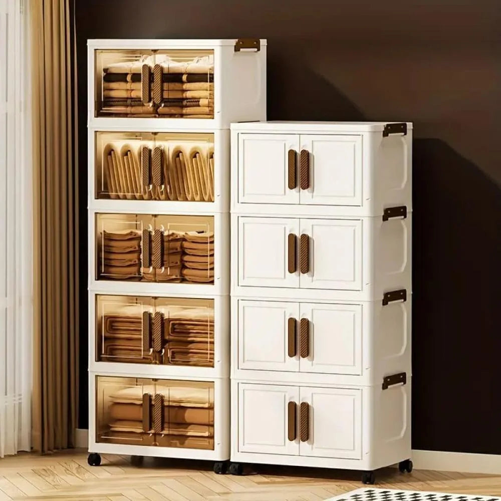 Dulap depozitare pliabil cu usi si roti, organizator multifunctional cu 3, 4 sau 5 rafturi, crem 45 cm