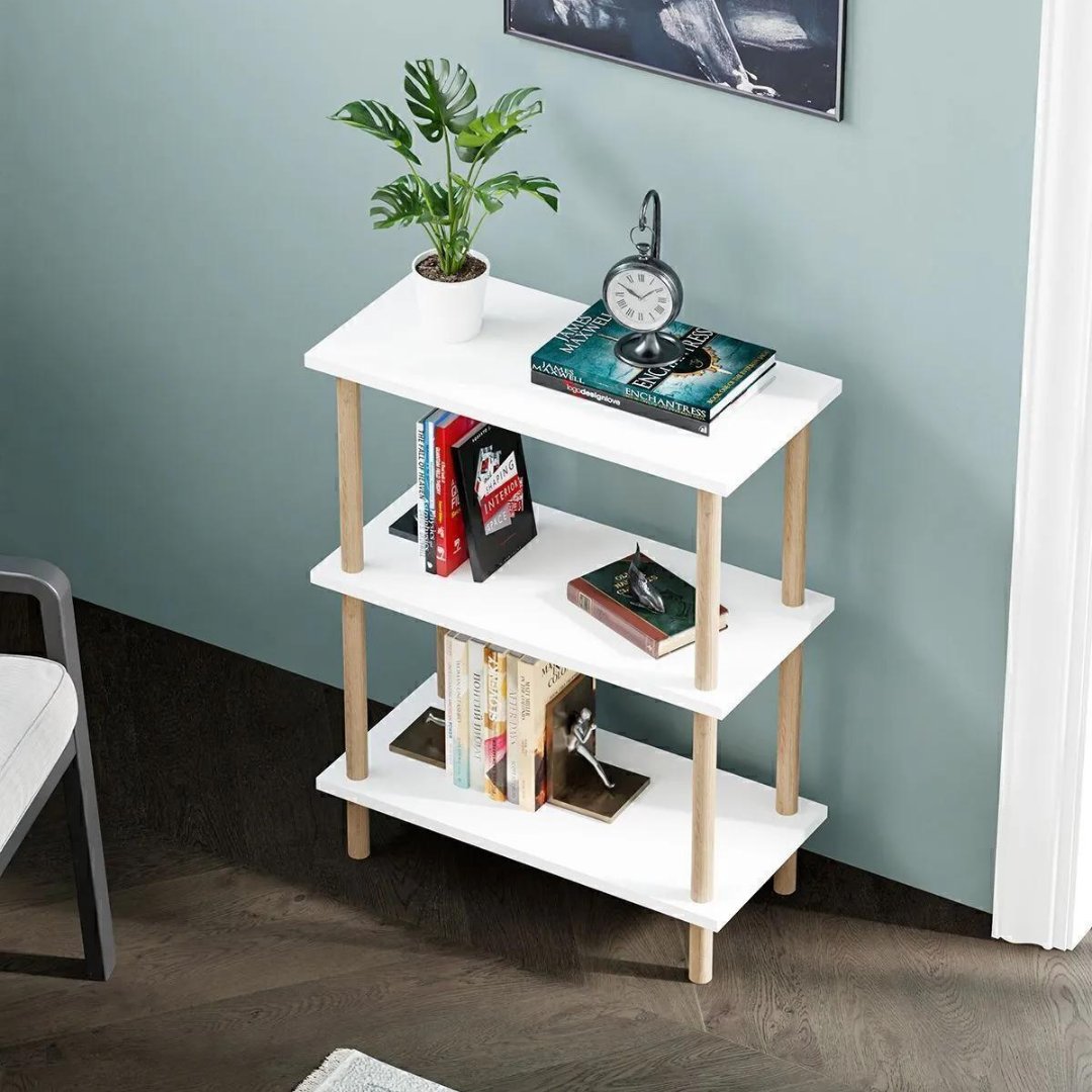Etajera decorativa cu 3 rafturi si picioare din lemn – ideala ca biblioteca sau masuta laterala