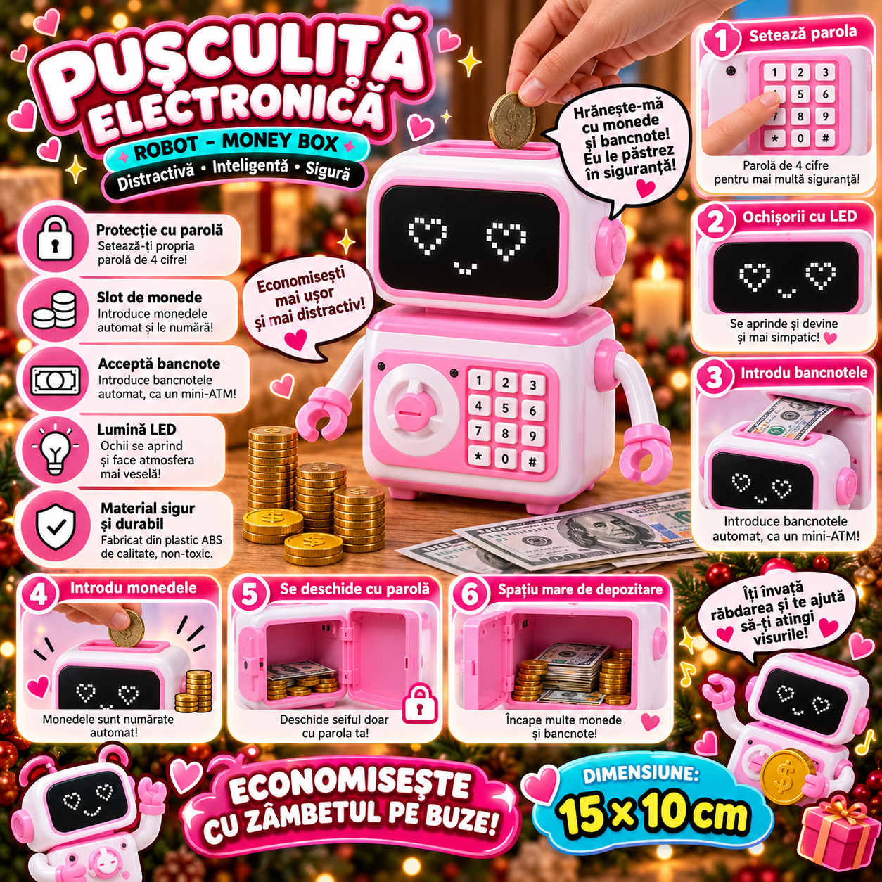 Pusculita Electronica Robot Seif Cod Cheie Lumini Muzica Jucarie Copii - detaliu produs