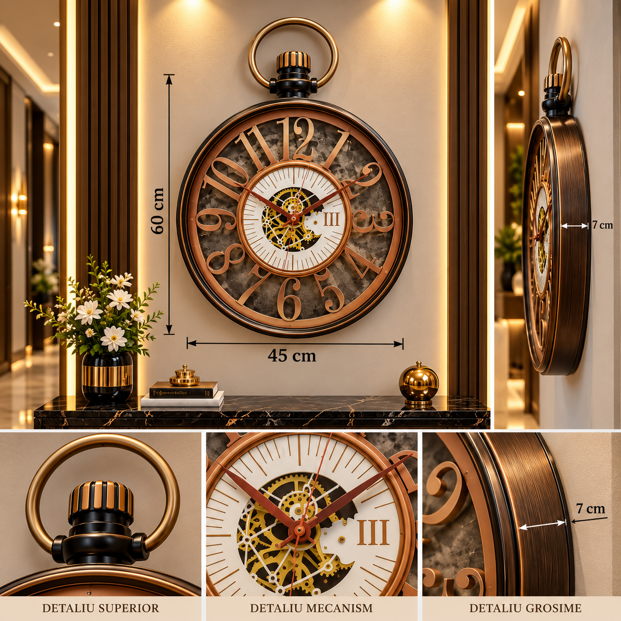 Ceas de Perete Premium Stil Ceas de Buzunar, Design Vintage cu Mecanism Aparent, 60 × 45 × 7 cm - imagine principala