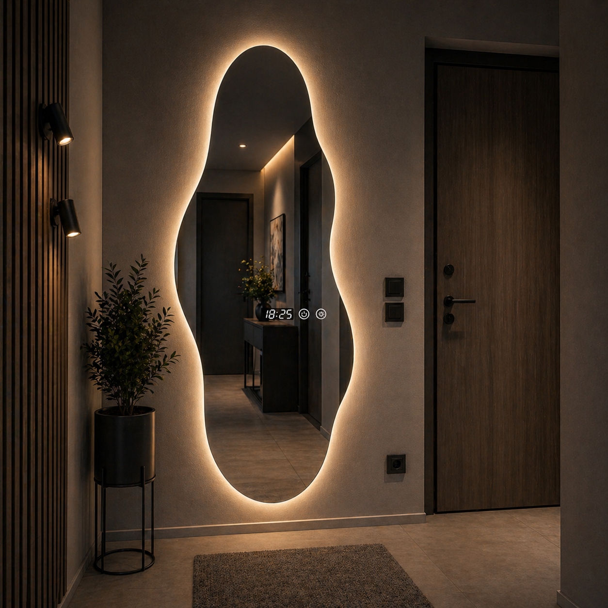 Oglinda LED forma asimetrica 55x180 cm iluminare 3 culori touch ceas digital