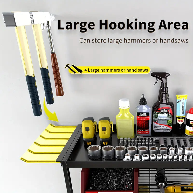 Raft pentru scule si unelte, din metal, cu montare pe perete, dimensiuni 60x41.5x24.5 cm, cu 4 compartimente de depozitare, carlige pentru agatare, negru
