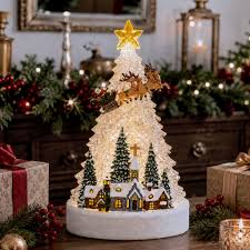 Decorațiune Premium de Crăciun tip Brad cu Sat de Iarnă, Moș Crăciun cu Renii, Lumină LED și Cutie Muzicală – 31,5 × 21 × 21 cm - detaliu produs