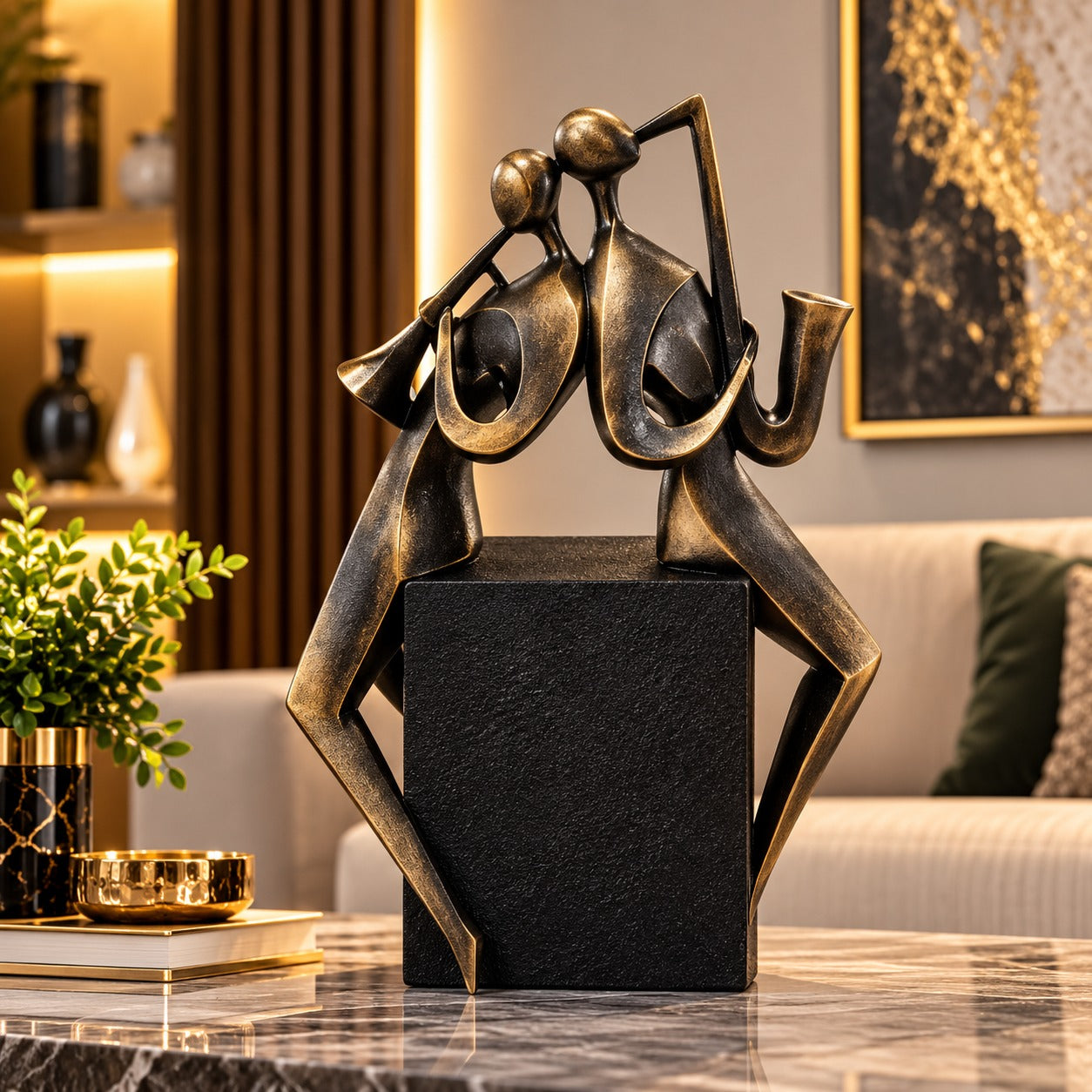 Statuetă Decorativă Premium „Cuplu de Muzicieni”, cu Trompetă și Saxofon, Negru-Auriu, din Rășină – 20,8 × 9 × 21,5 cm - detaliu produs