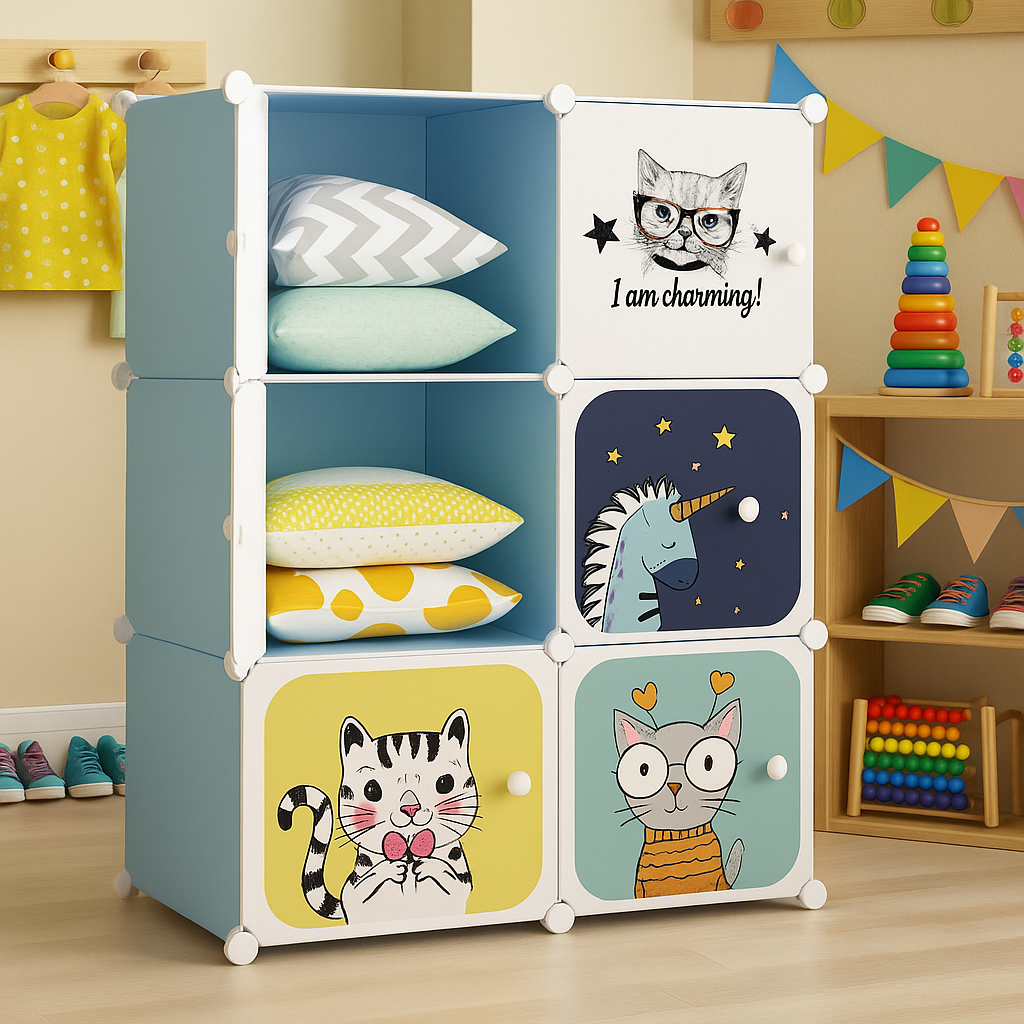 Dulap modular pentru copii, Alb/Albastru, 6 rafturi, durabil, 110cm x 74cm x 37cm