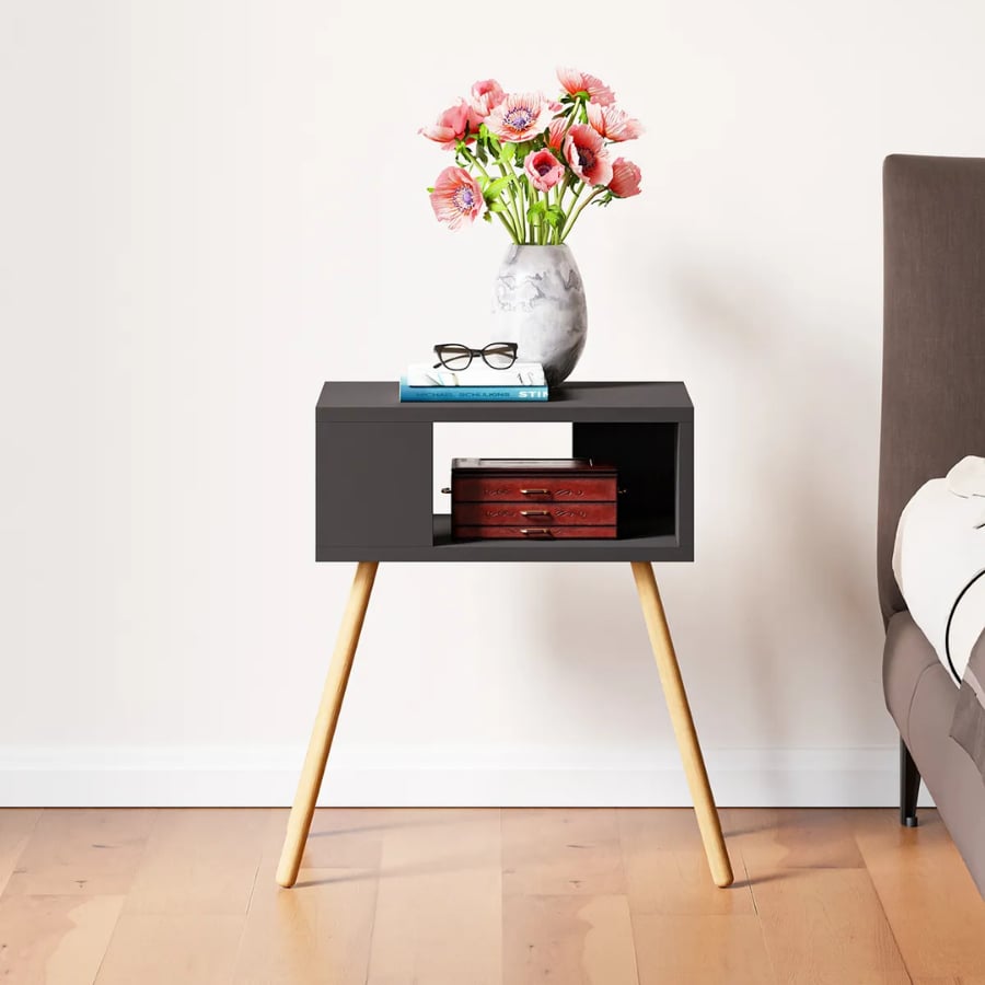 Noptiera cu picioare din lemn si raft deschis, 44 x 29 x 18 cm, stil scandinav modern