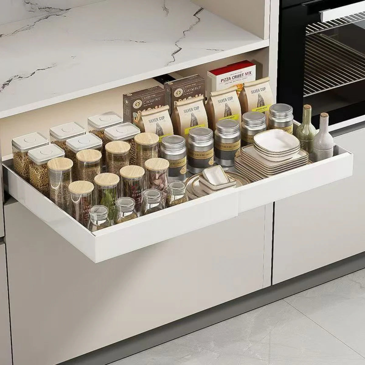 Sertar extensibil din metal cu 2 glisiere autoadezive soft-close, extragere totala, 32-50 cm x 42 cm, alb