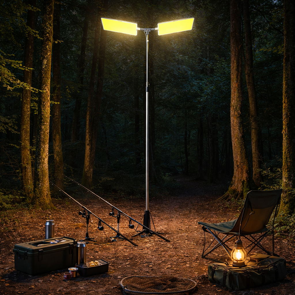 Kit Nocturna eLIVE FR-12, Proiector Camping LED 94W 9116lm, Waterproof, Brat Telescopic Ajutabil 5m, 3 Adaptoare 220V-AUTO-Cleme Crocodil Baterie, Telecomanda, Geanta Transport