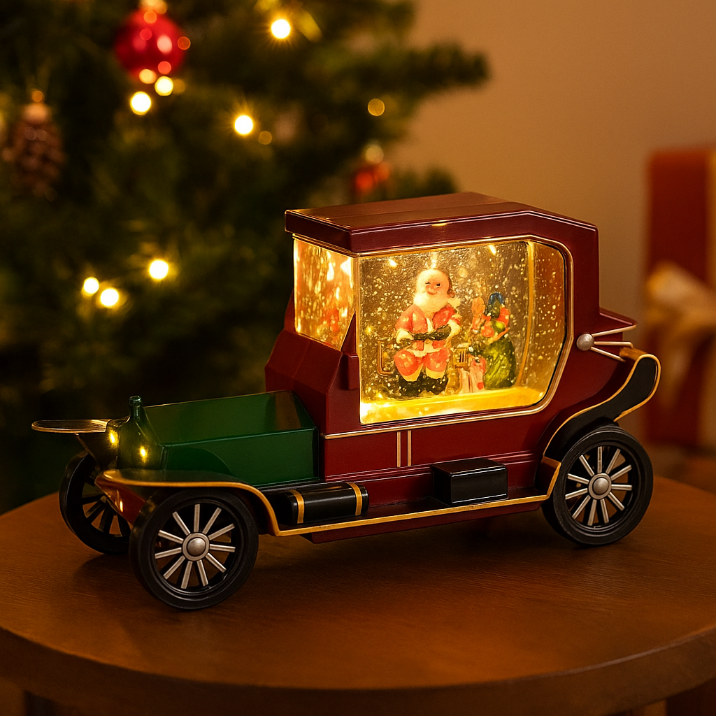 Decoratiune Craciun tip masina de epoca cu Mos Craciun si cadouri, functie muzicala, zapada in miscare, 6x27 cm16x27cm