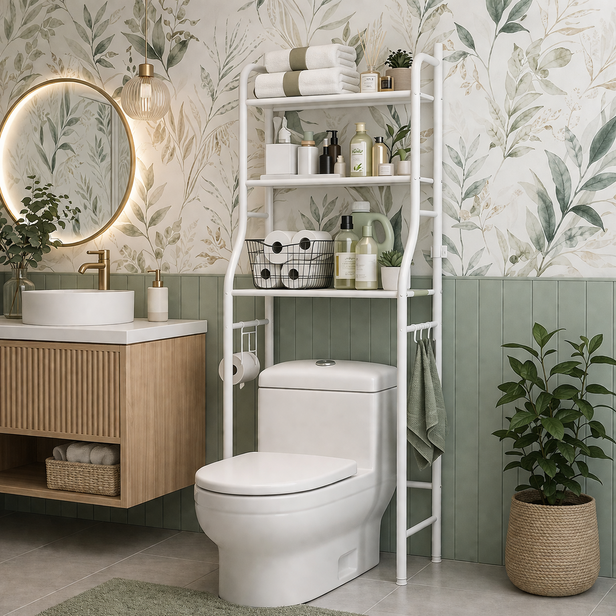 Suport depozitare peste toaleta, 3 polite, cadru metalic alb, organizator baie modern, 150 x 50 x 23 cm