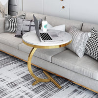 Masa laterala rotunda din otel inoxidabil auriu – stil nordic, model marmura alba 50 x60 cm - imagine 2