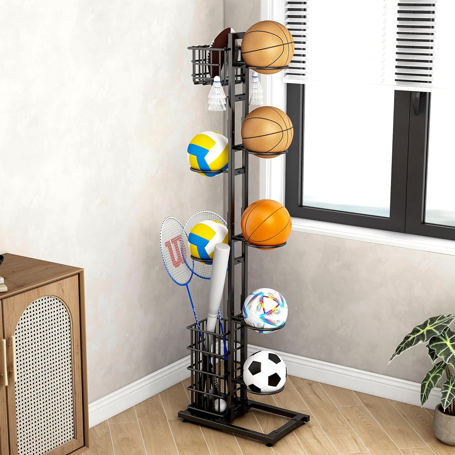 Raft de depozitare multifuncțional pentru echipamente sportive cu 7 rafturi, carlige si cos