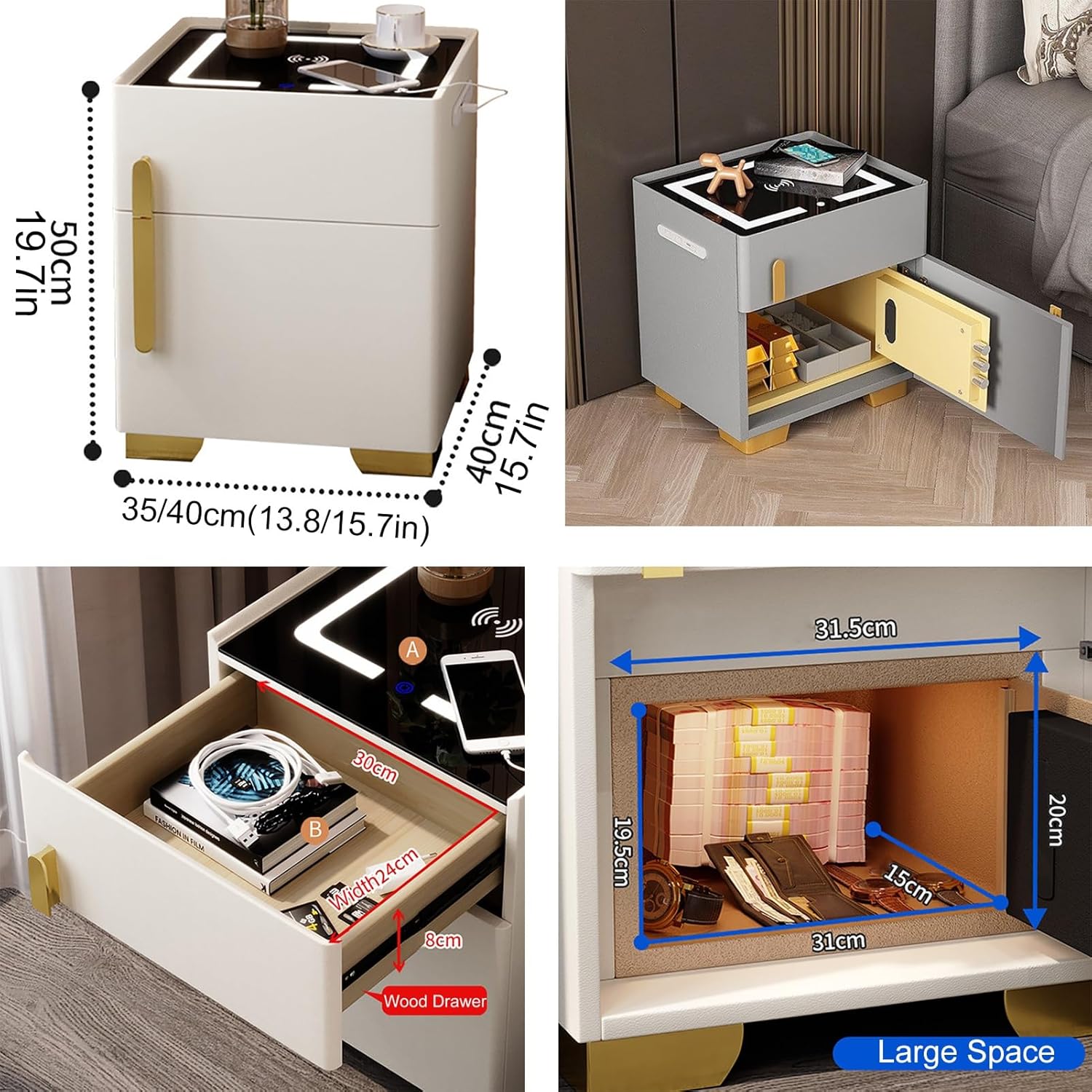 Noptiera cu statie de incarcare, seif ascuns si iluminare LED, Boxe incorporate, reglabila 3 culori pentru dormitor si living