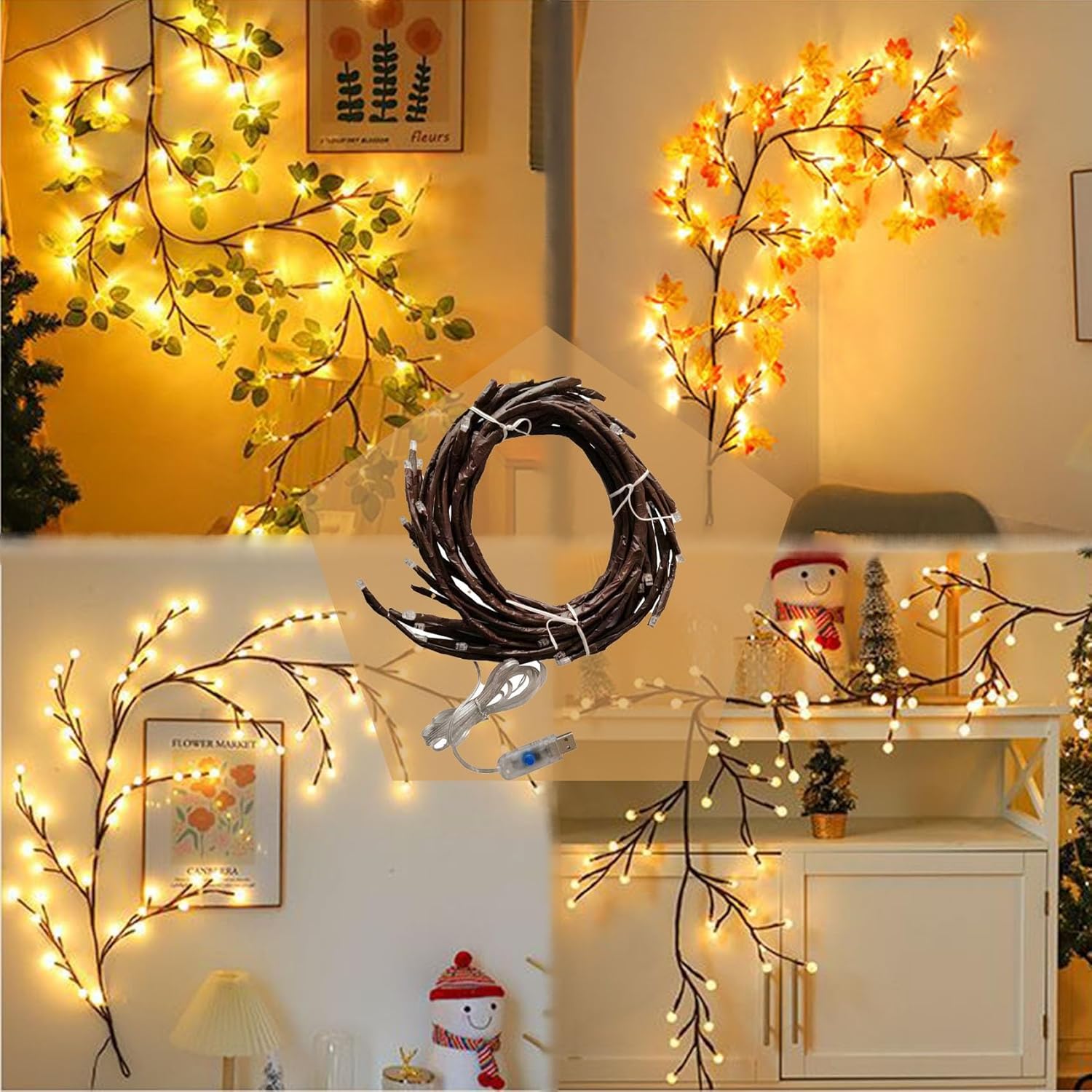 Ghirlanda luminoasa decorativa cu ramuri flexibile – 1.6 m, 72 LED-uri, telecomanda si alimentare USB